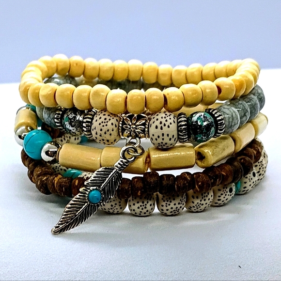 Jewelry - 5 Unisex Stackable Wooden And Resin Beaded Boho Bracelets